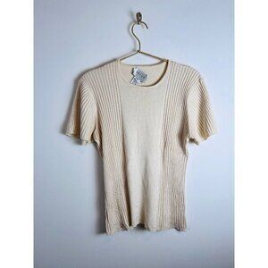 Oscar de la Renta Vintage Light Cream Short Sleeve Knit Sweater Nylon Silk Sz M